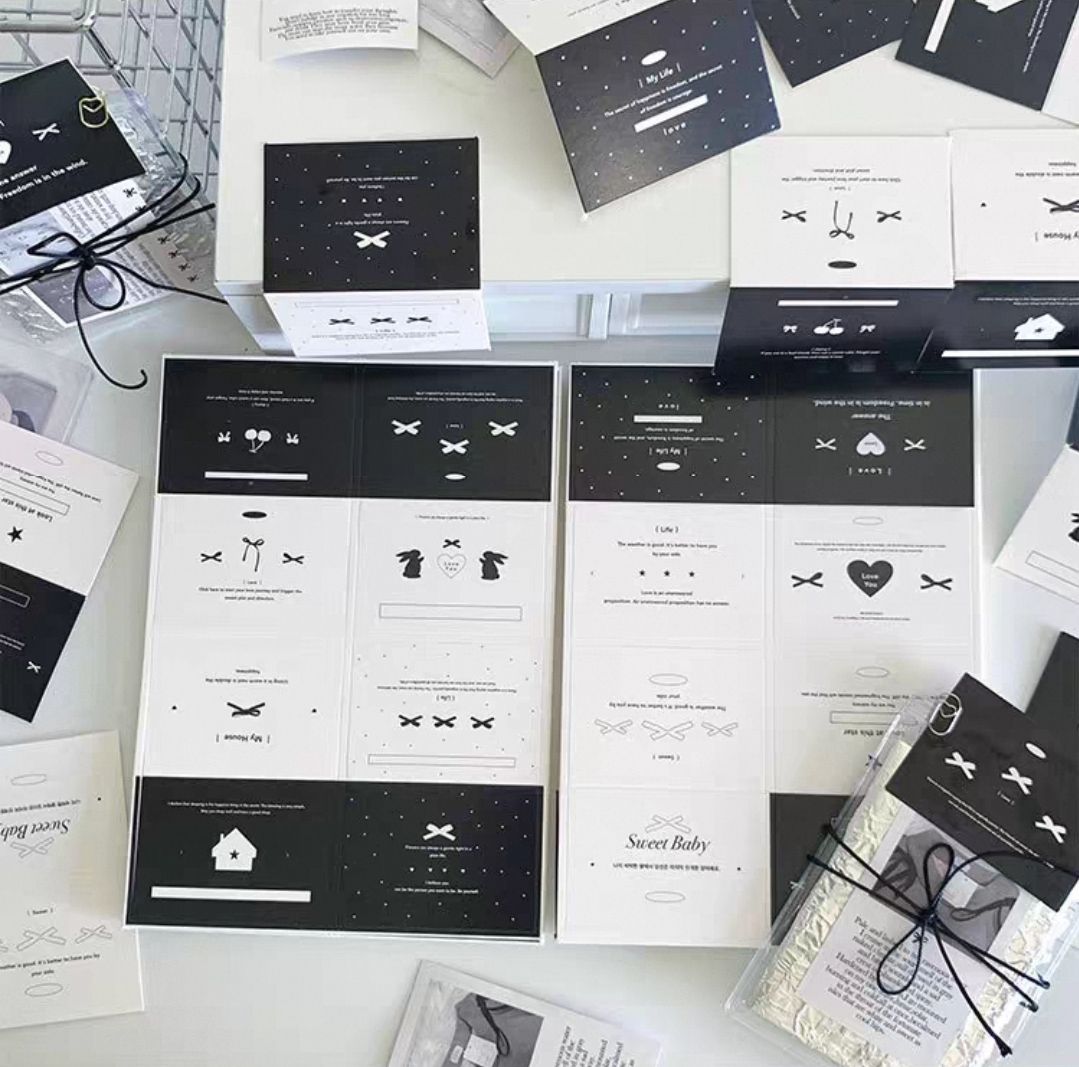 ​​⑅ 卡頭/🩵16個20$🩵ins芭蕾風簡約黑白暗黑兔兔蝴蝶結7CM出小卡打包材料對摺卡紙