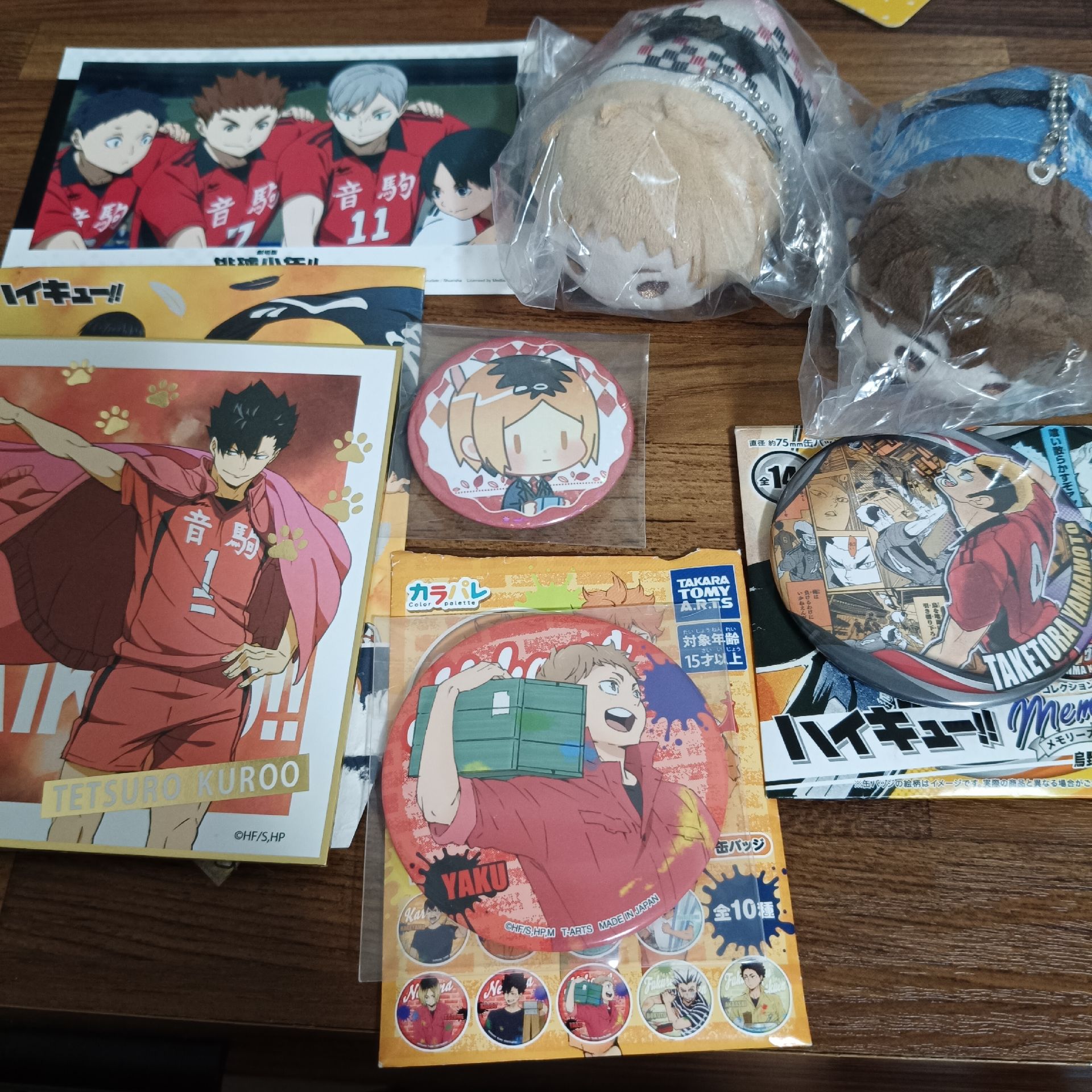 黑尾隊旗色紙，夜久油漆徽/羽織娃，音駒相紙，猛虎回憶徽章，收黑尾贈研磨徽章（同）