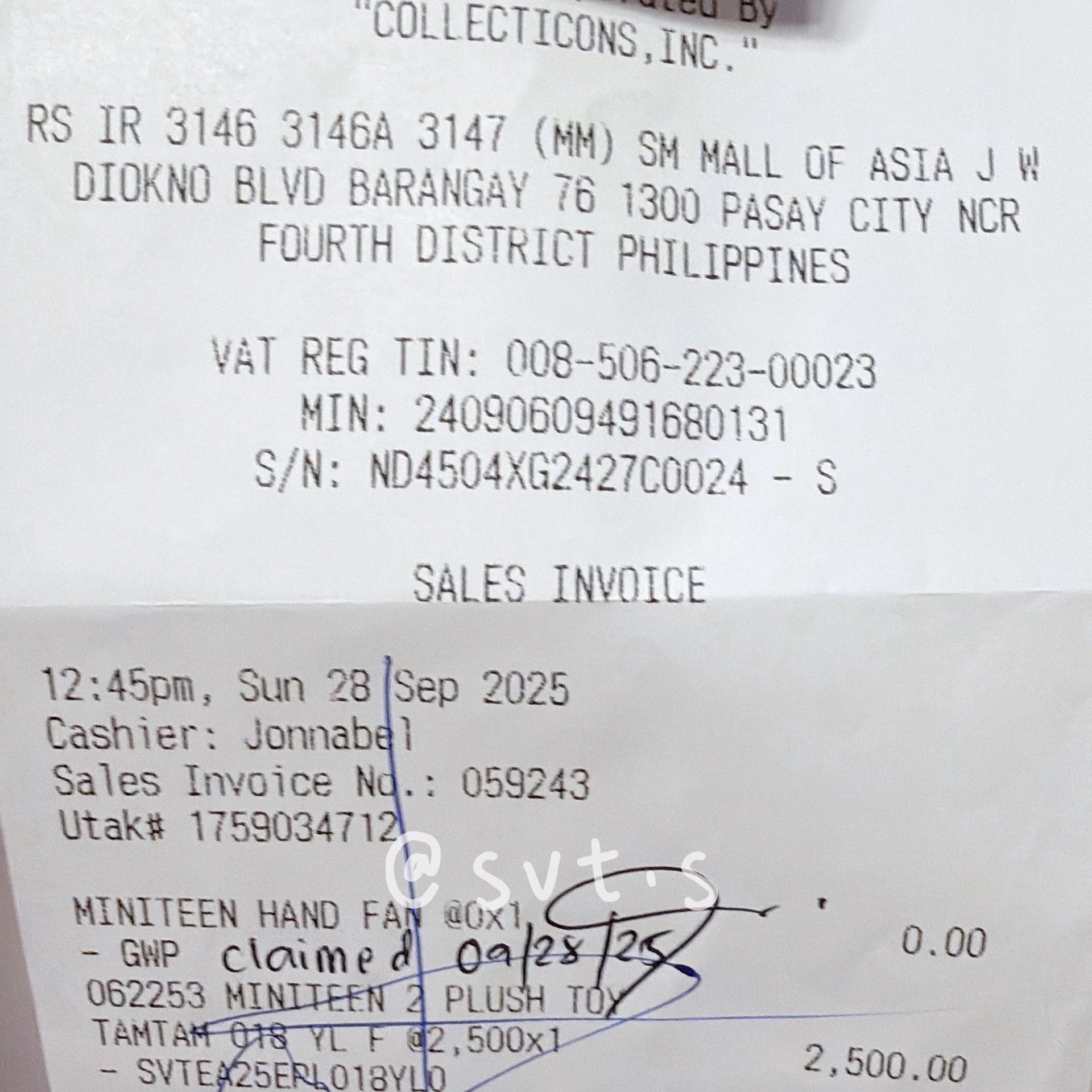 全新 SEVENTEEN MINITEEN 站姿娃娃 TAM TAM 眈眈 馬尼拉快閃店購入