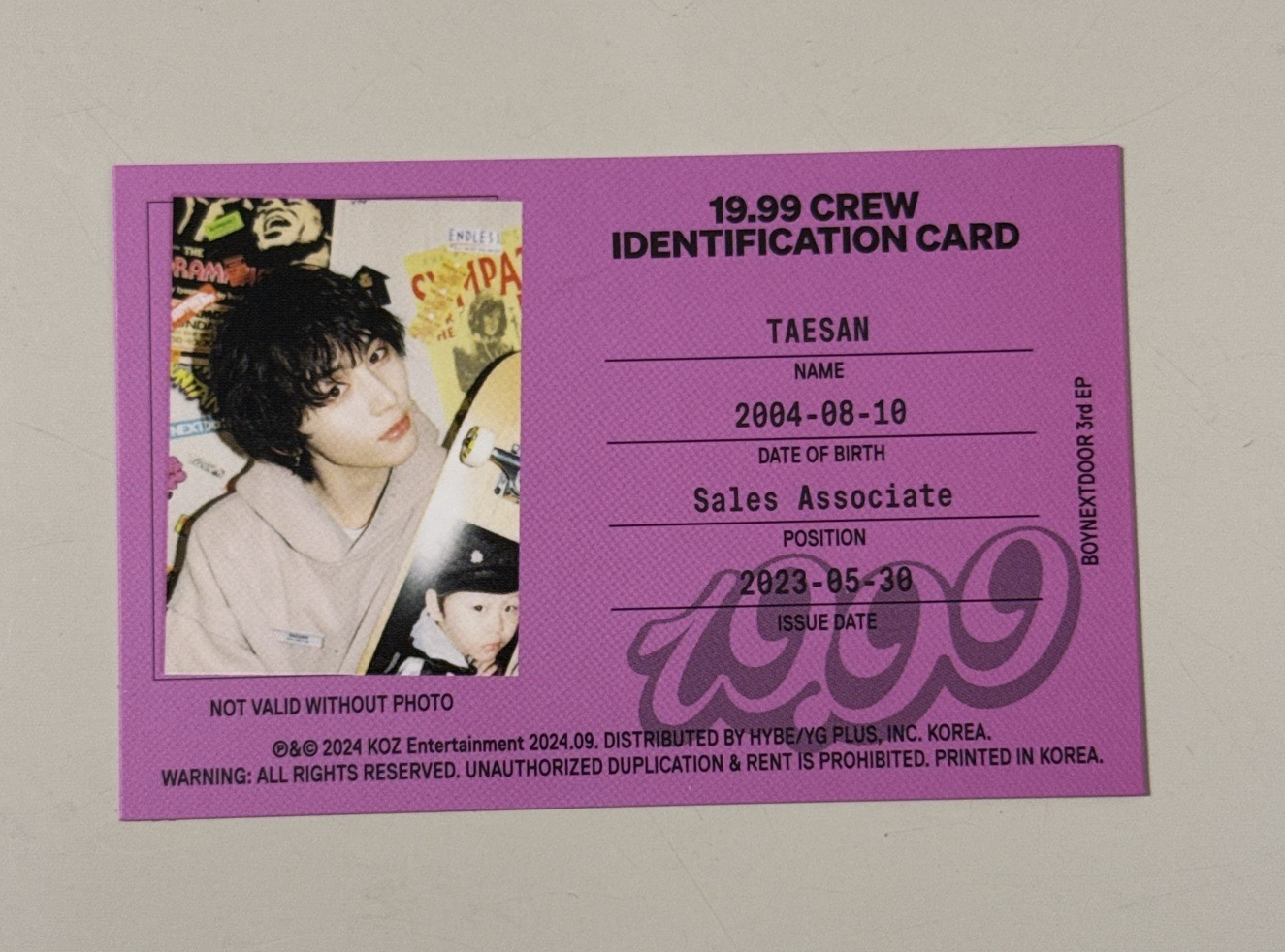 BOYNEXTDOOR 泰山 19.99 專輯卡 ID卡4